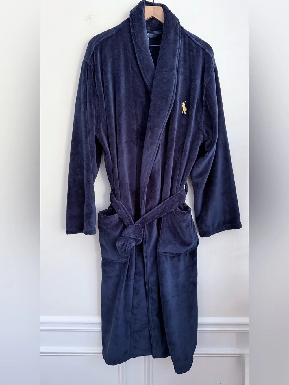 Polo Ralph Lauren Men's Microfiber Plush Navy Blue Shawl Collar Robe big pony